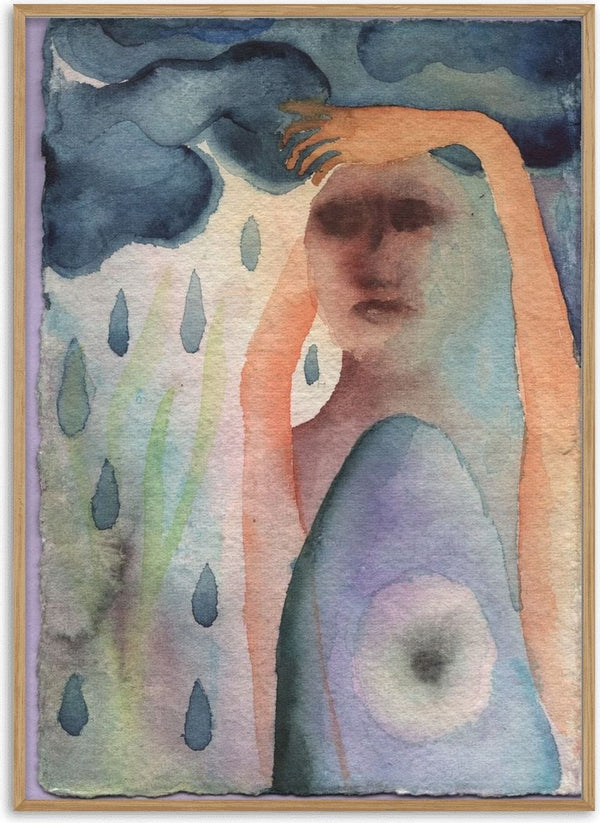 Under the Rain Cloud by Shimmering Ugly - a soft watercolour figure under a teal rain cloud with falling drops