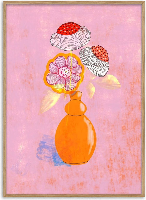 Flowers in an Orange Vase by Creationsbyeditabrus - three flowers in an orange vase on pink