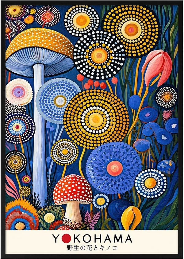 Dotted Garden at Night by Yokohama - dotted flower discs and spotted mushrooms on a deep blue ground