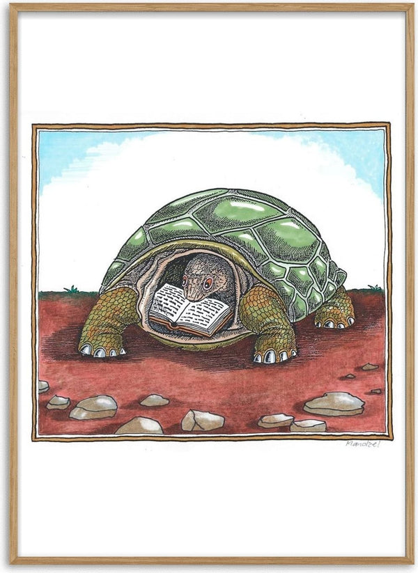 The Reading Tortoise by Waldemar Mandzel - a tortoise reading an open book from inside its shell