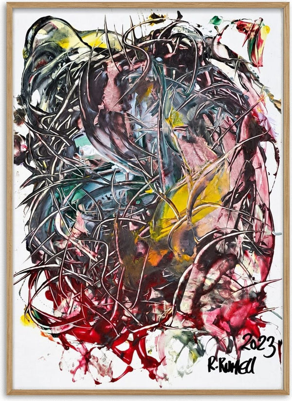 Tangle by Ronald Rumell - a dense knot of black lines with red and pink breaking through