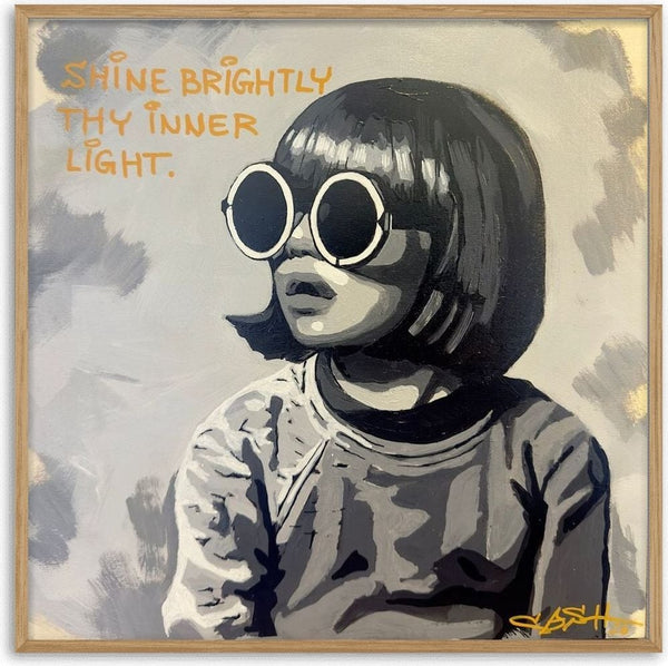 Shine Brightly by Cash - a girl in round sunglasses under a hand-written orange line