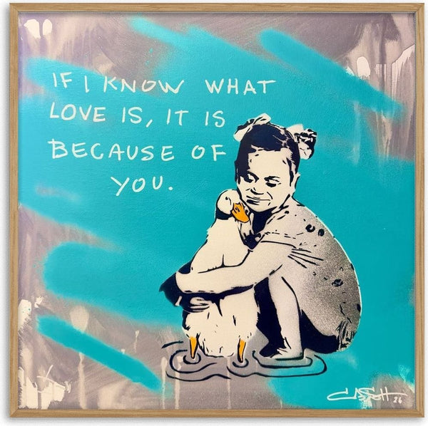 Because of You by Cash - a girl holding a duck in a puddle against turquoise and grey