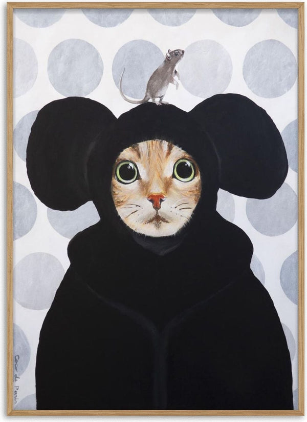 Illustration of a cat in a black mouse costume with a small gray mouse sitting on its head, by Coco de Paris.