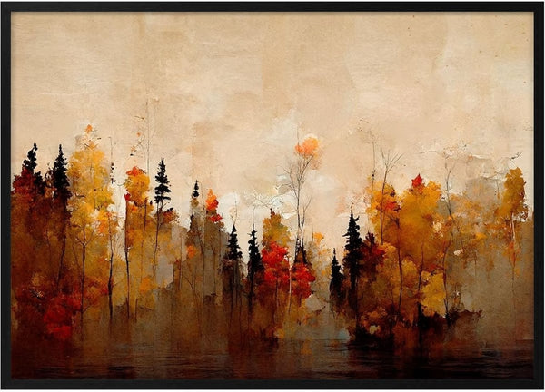 Abstract autumn forest scene with tall trees in orange, yellow, and red tones from A Forest In Autumn - Treechild.