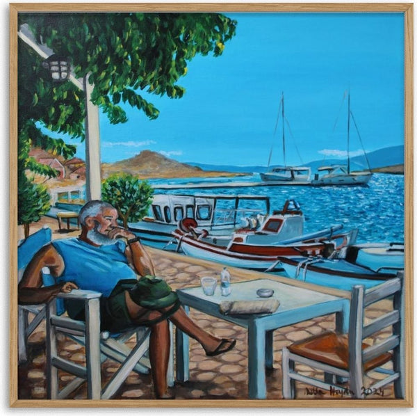 A Greece Fisherman by Nella Hajdu - man dozing at a harbour café table by fishing boats