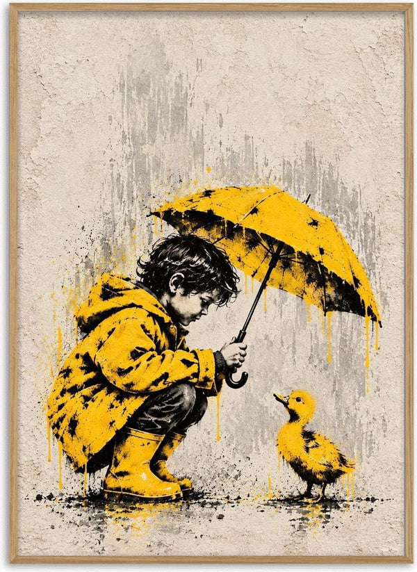 A Little Shelter by Matthews Gallerie - a boy in a yellow raincoat holding an umbrella over a duckling