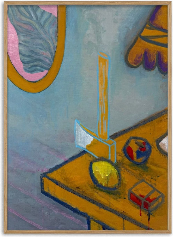 A set table by Samuel - axe, lemon and lamp on an ochre table against a pale blue wall
