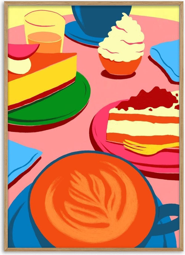 A Sweet Moment by Nanna Paavig, an illustrated pink cafe table with cake slices, a cupcake and an orange latte seen from above