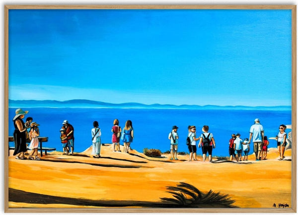 Above Rhodes Town by Nella Hajdu - visitors on a sandy terrace looking out over the deep blue sea