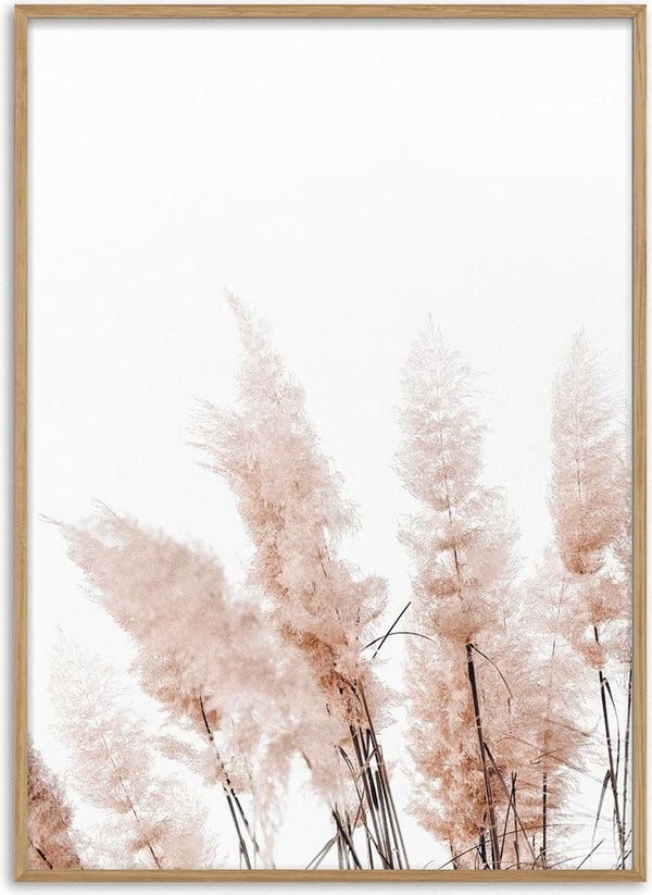 Minimalist abstract print of beige reed plants against a white background, featured on the Abstact Reeds No. 3 Plakat page.