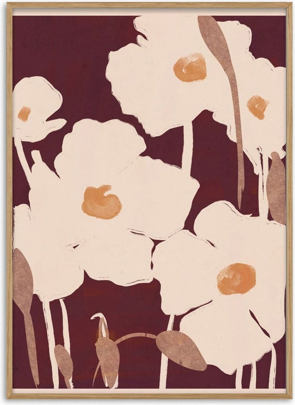 Abstract Flowers 10 by ThingDesign - cream flowers with ochre centres on a deep maroon ground