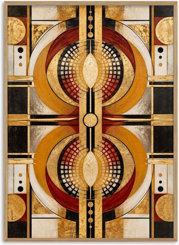 Abstract by RA - two circles of ochre and gold around black and cream grids