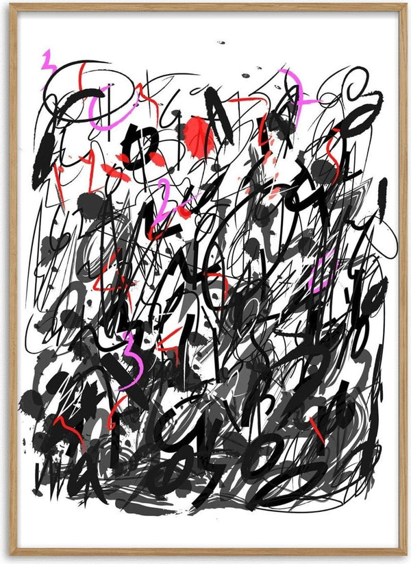 Abstract street art poster with chaotic black streaks, red accents, and splashes of pink on a white background.