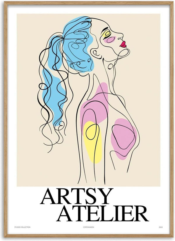 Abstract line art of a woman with blue hair and colorful accents, featured on the Artsy Atelier poster.