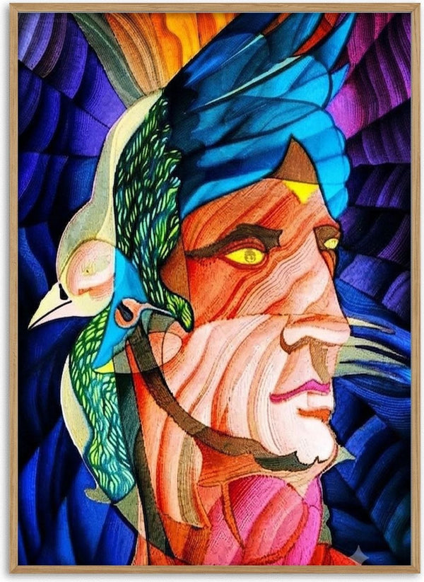 Adonis by Carlos Enrique Gozalo Ara - a man's face merging into a blue and green bird in faceted colour