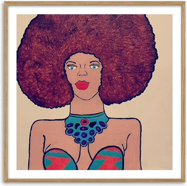 Afrocentric Radiance by Bibi - a woman with a wide auburn afro and a blue petal collar on cream