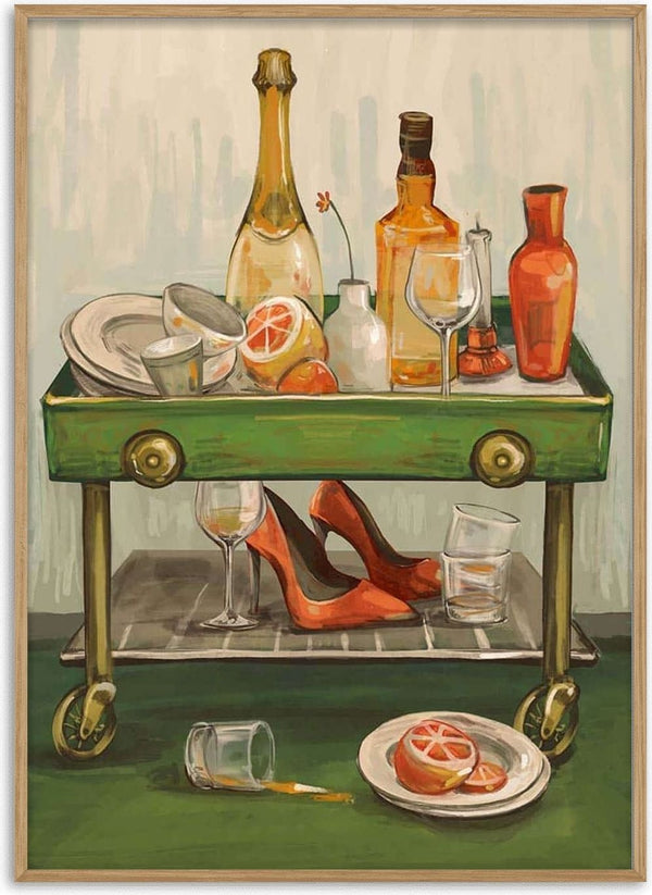 Painting of a green bar cart with empty glasses, bottles, grapefruit halves, dishes, and red high heels on the lower shelf.