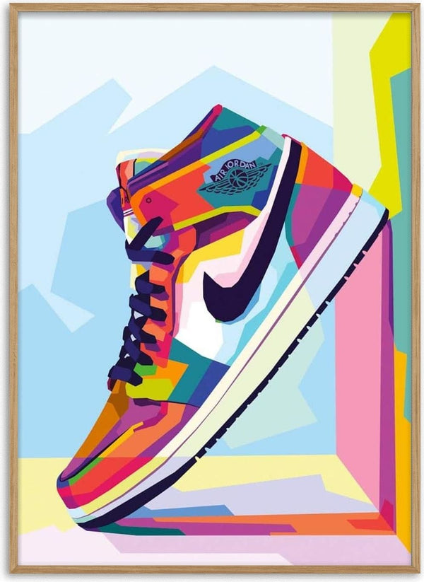 Colorful graphic Air Jordan sneaker illustration with bold geometric shapes and vibrant hues, featured on Air Jordan Plakat.