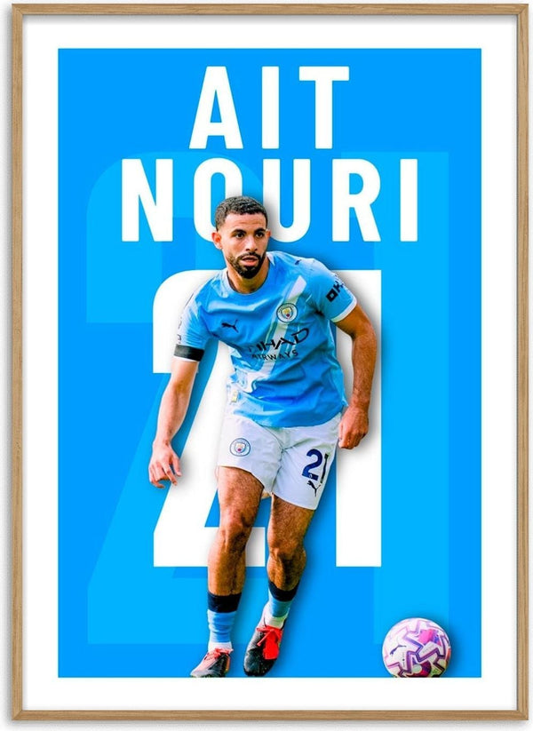 Ait-Nouri in Manchester City kit with number 21, featured on a football poster with blue background.