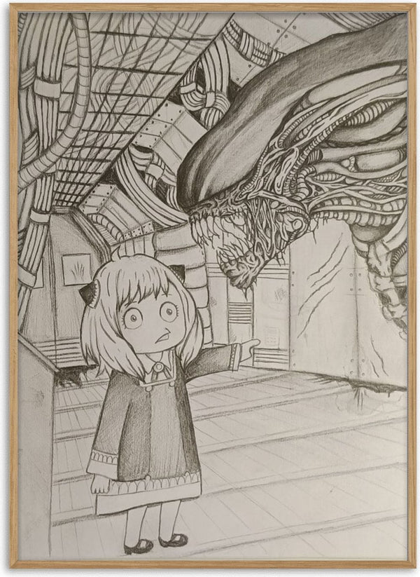 Alien X Anya by CarolineV - a wide-eyed girl and a long-headed alien in a ship corridor, drawn in pencil