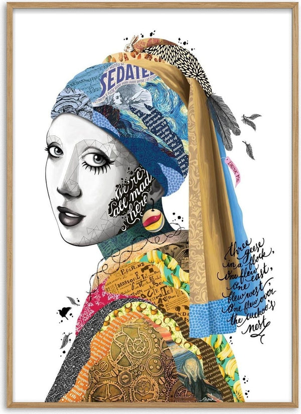 Colorful, modern collage artwork of Girl with a Pearl Earring by All Mad Here - Nour Tohme on product page.