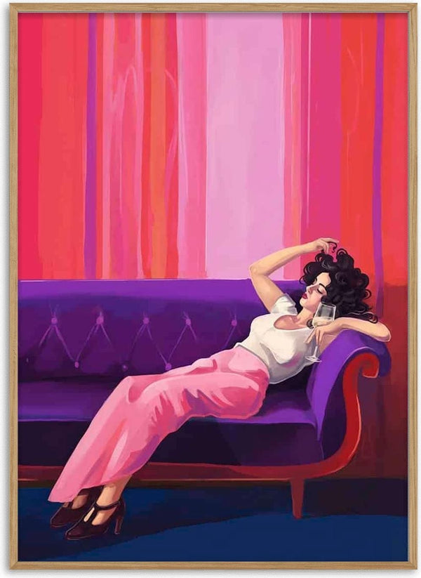 Stylized woman in pink pants lounges on a purple sofa against a vibrant, striped pink backdrop.