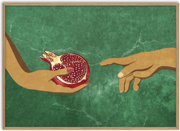 Illustration of one hand offering a pomegranate while another hand reaches toward it, on a green background.