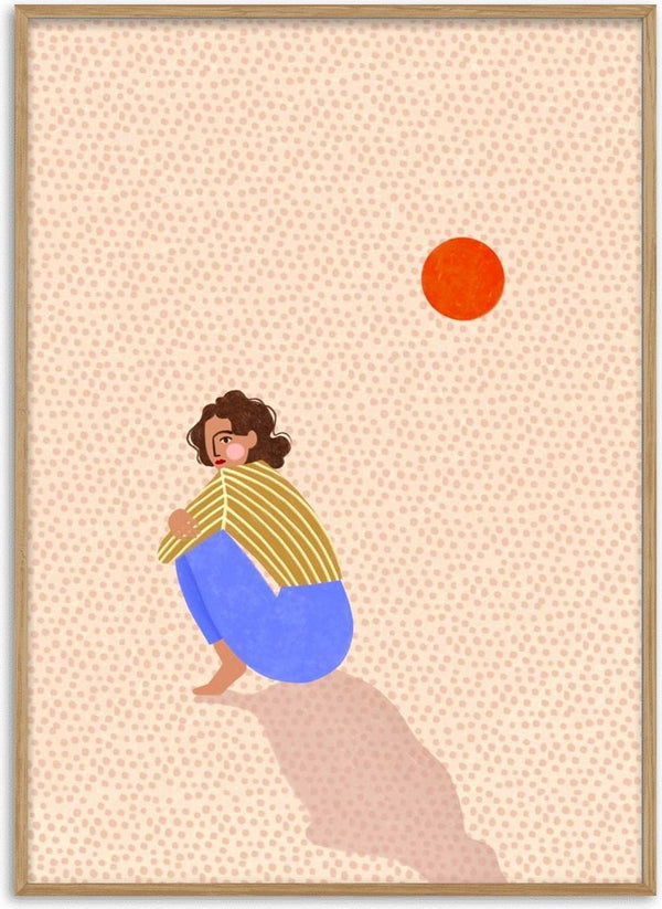 Artwork for Alone by Bea Muller, showing a person sitting alone with a red sun overhead on a dotted background.