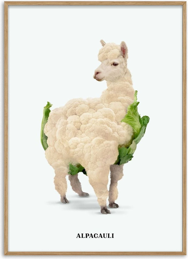 Alpacauli by Jonas Loose - an alpaca's head and legs joined to a cauliflower on a pale grey-white ground