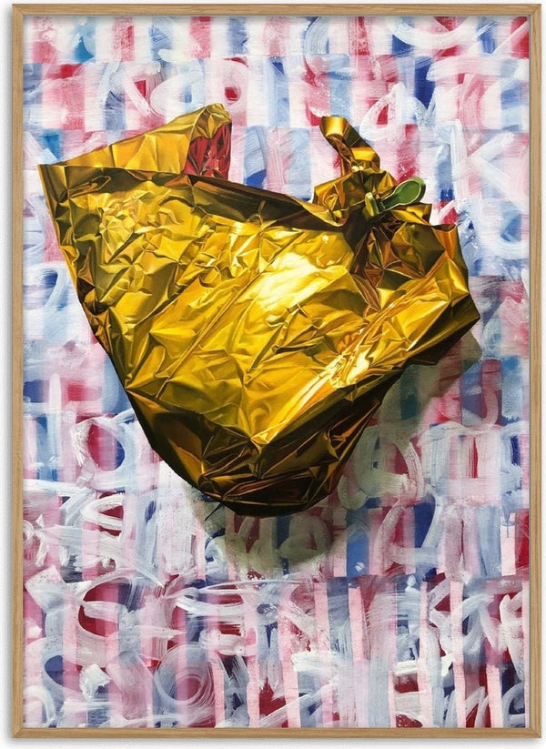 America by Adrian DeDea - crumpled gold foil on a red, white and blue graffiti background