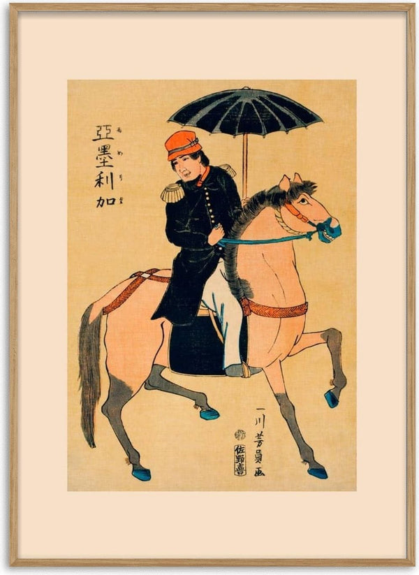 Japanese art poster of a man in uniform on horseback holding an umbrella, from Amerika by Utagawa Yoshikazu.