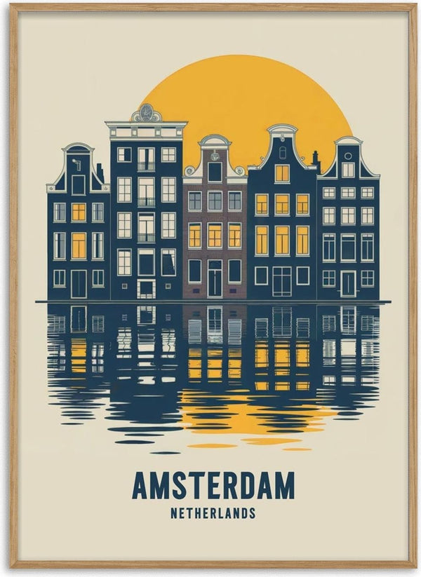 Illustration of Amsterdam canal houses at sunset with reflections on water, featured on the Andreas Magnusson product page.