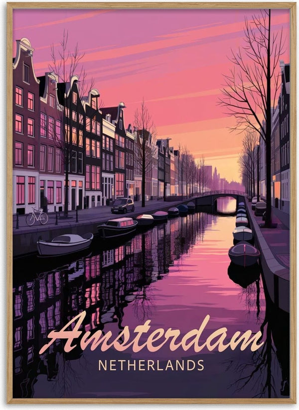 Illustration of Amsterdam’s canal houses and boats at sunset, with “Amsterdam Netherlands” text below.