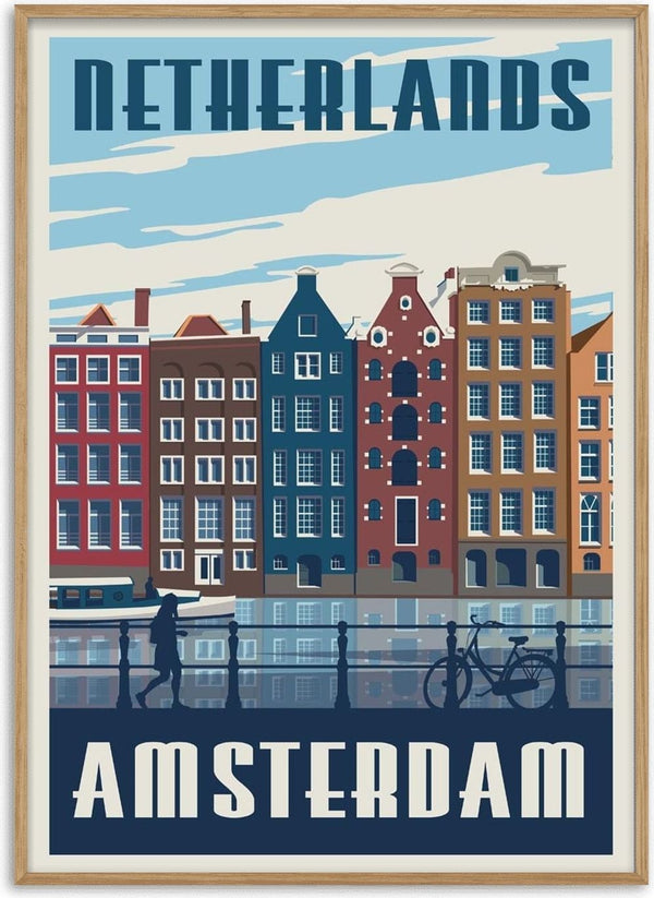 Colorful Amsterdam canal houses, a bike, and a pedestrian, with "Netherlands Amsterdam" text on a travel print.