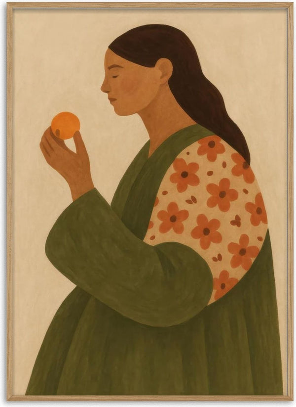 Illustration of a woman in a green floral robe holding an apple, featured on An Apple a Day by Martina Karlsson.