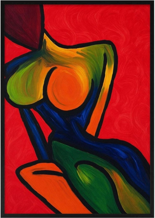 Anatomy of Introspection by Bibi - an abstract seated figure on a crimson red ground