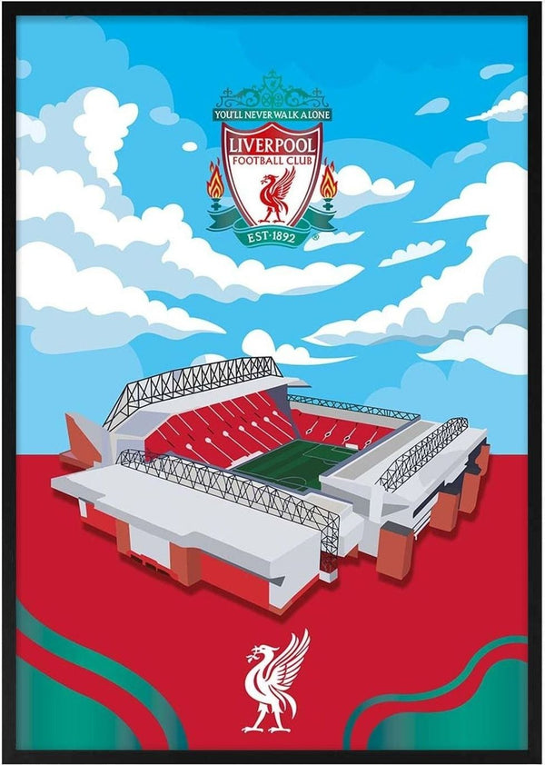 Illustrated Anfield Liverpool Stadium with club crest and red and green accents, featured on a football poster.