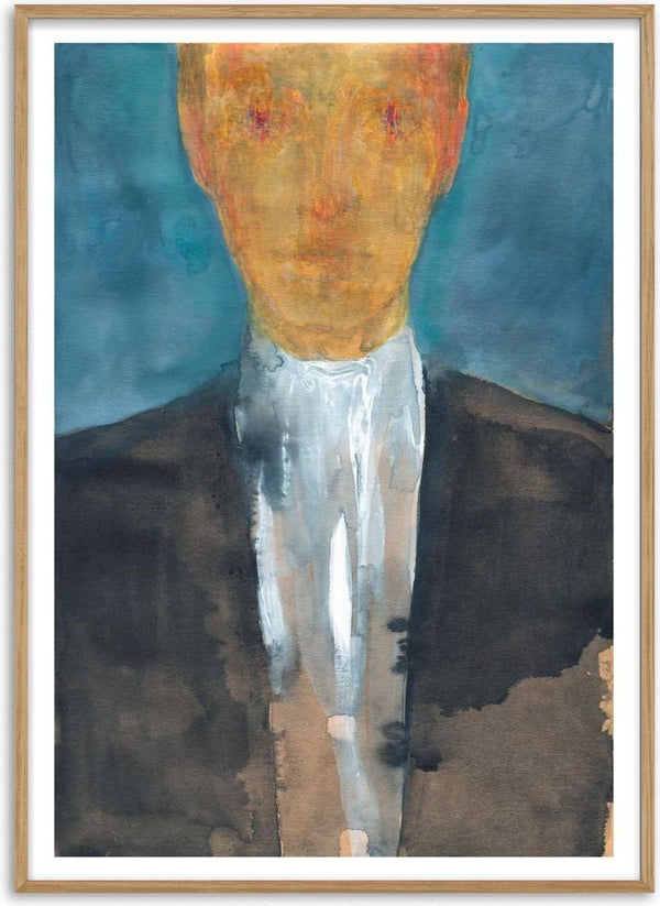 Abstract portrait of a faceless man in a suit against a blue background, featured on the Anonymous Man Plakat.