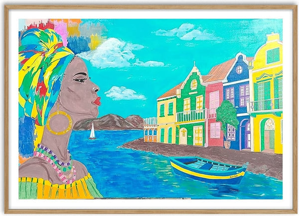 Antillean colors by Sulaika Martis - a woman in a bright headwrap beside a turquoise bay with Caribbean houses