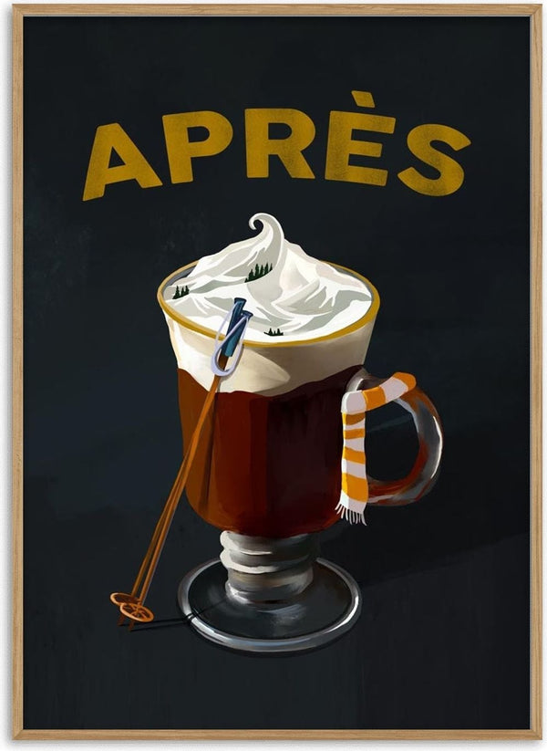 Illustration of a hot cocoa in a glass mug with whipped cream, ski pole, and striped scarf, with "APRÈS" text above.