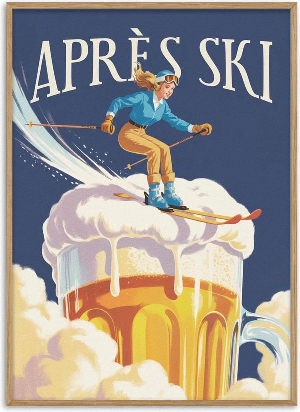 Vintage-style poster of a woman skiing atop the foam on a large beer mug, with "Après Ski" text above.
