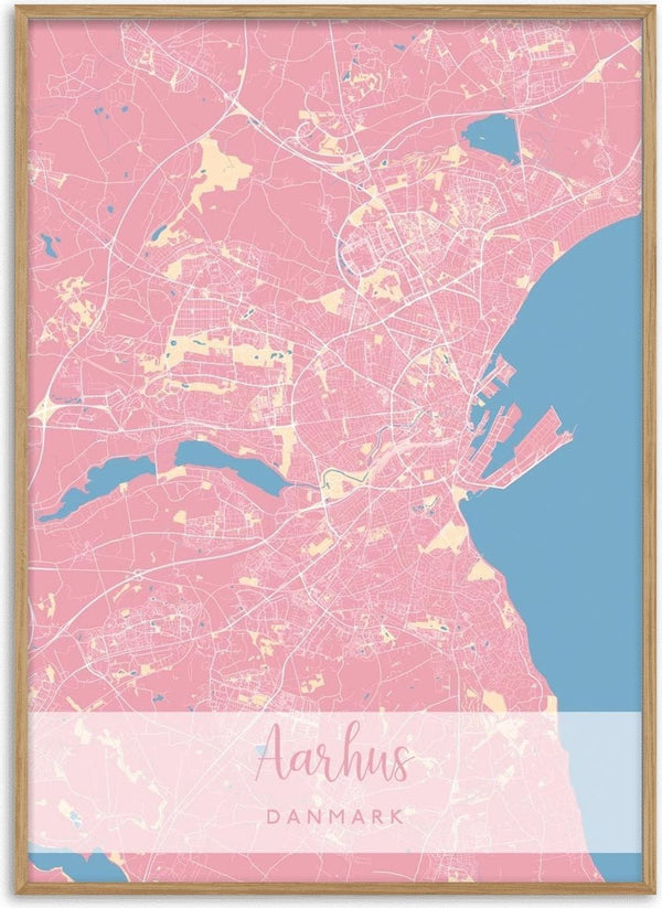 Pink and cream illustrated map poster of Aarhus, Denmark with city name at the bottom.