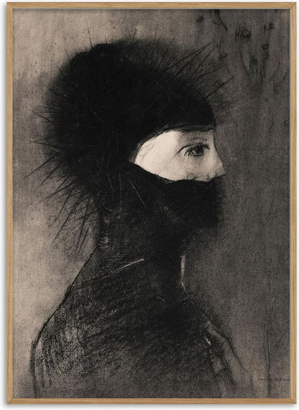 Profile of a figure in dark, spiked armor helmet; moody, shadowy tones by Odilon Redon.