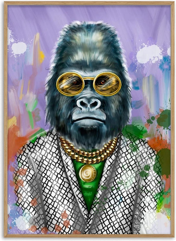 Stylish gorilla in sunglasses, gold chains, and patterned suit against a colorful abstract background.