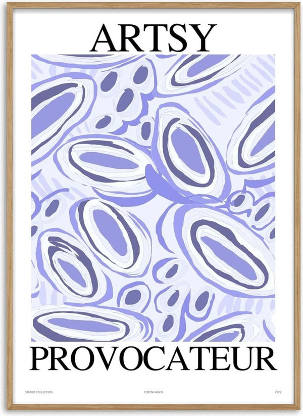 Abstract blue and purple shapes on white background, "ARTSY PROVOCATEUR" text above and below the artwork.
