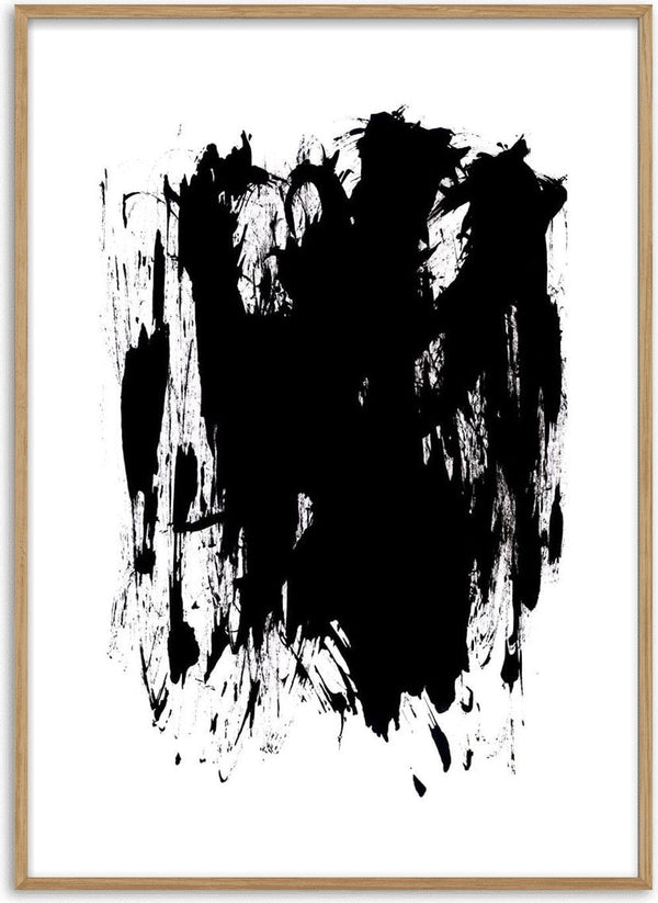 Abstract black paint strokes on a white background, featured on the "As long as it is black" poster.