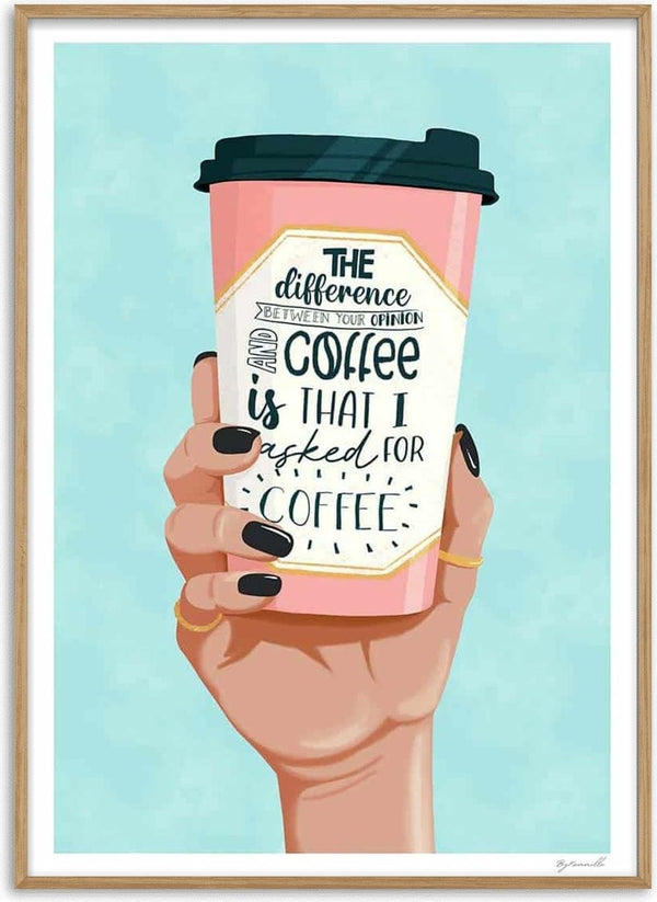 Illustration of a hand holding a pink coffee cup with "I asked for coffee" text, promoting Asked For Coffee - ByKammille.