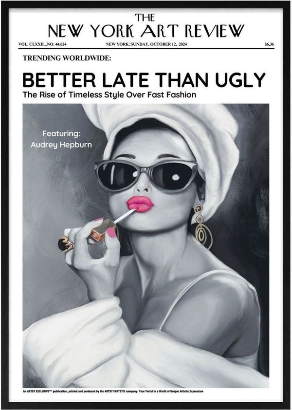 Audrey - Art Review Plakat featuring a stylish woman in sunglasses applying lipstick, evoking timeless elegance.