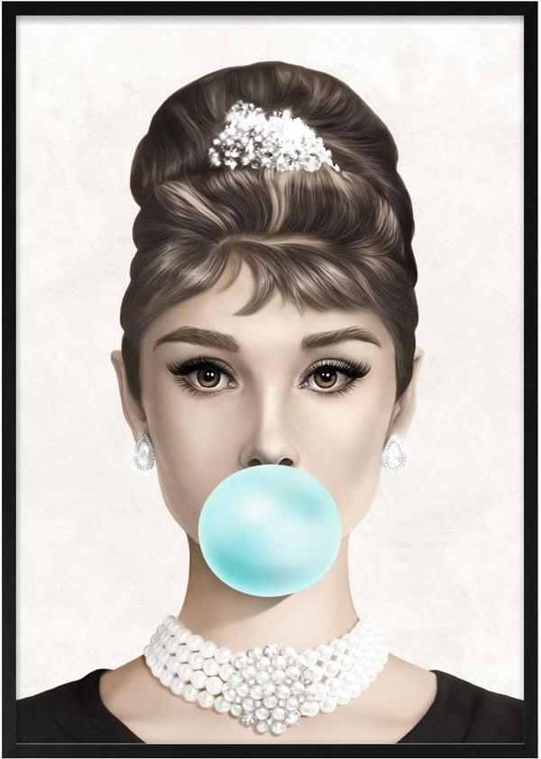 Stylized Audrey Hepburn portrait blowing blue bubblegum, wearing pearls and a black dress.